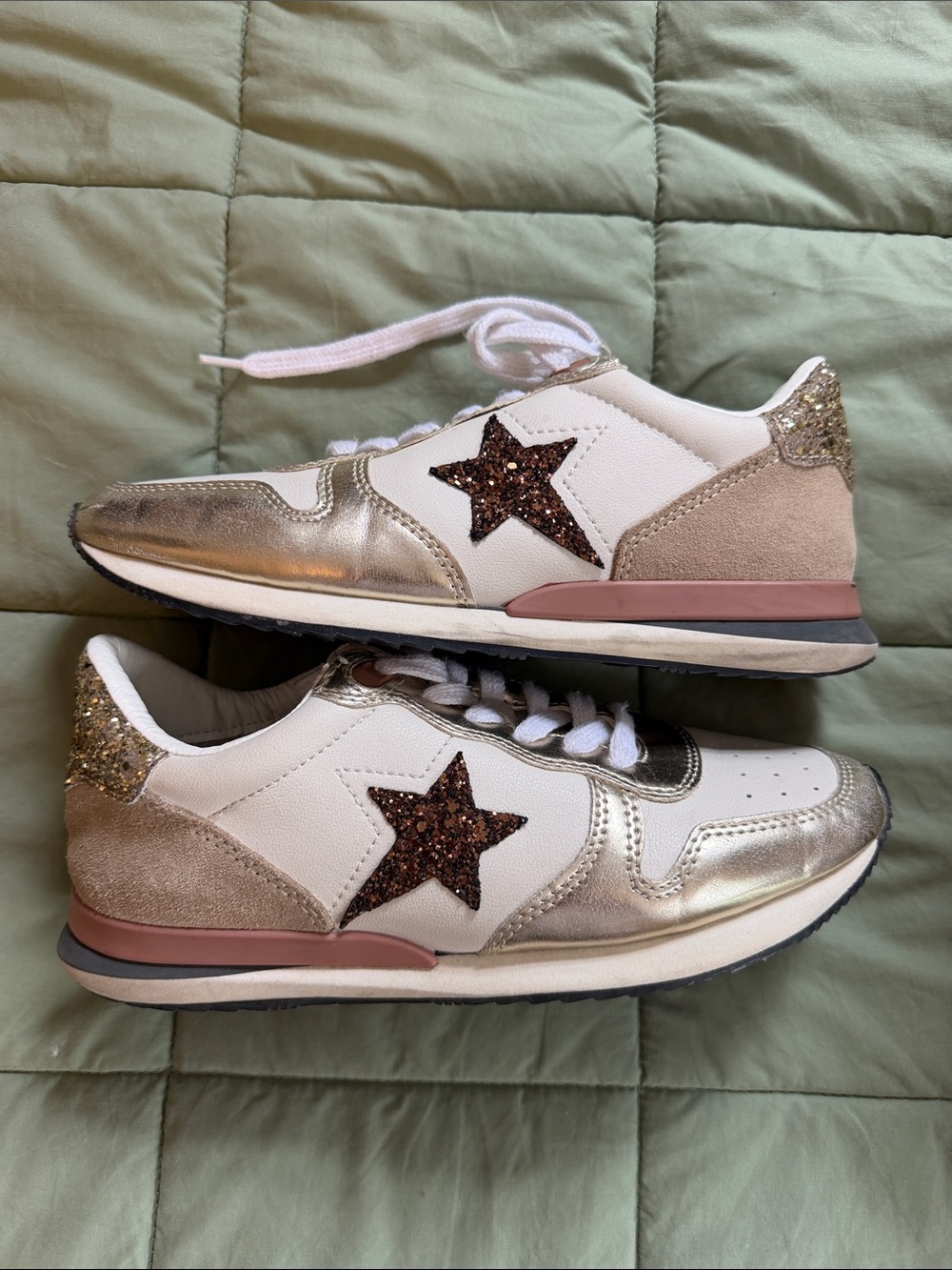 Vintage Havana White Sneakers with Gold Accents & Brown Glitter Star